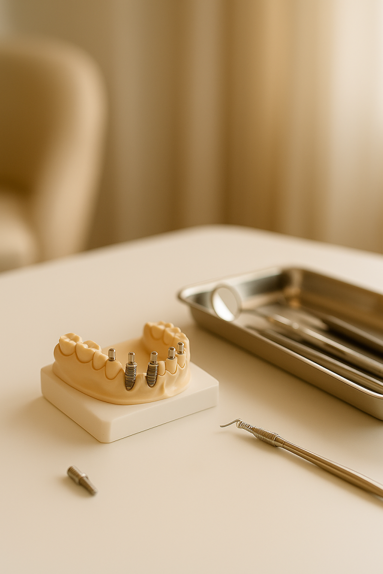 Mesa de trabalho com implantes dentários e instrumentos cirúrgicos na clínica Mediminho em Braga, preparada para tratamentos com dentes fixos no próprio dia.