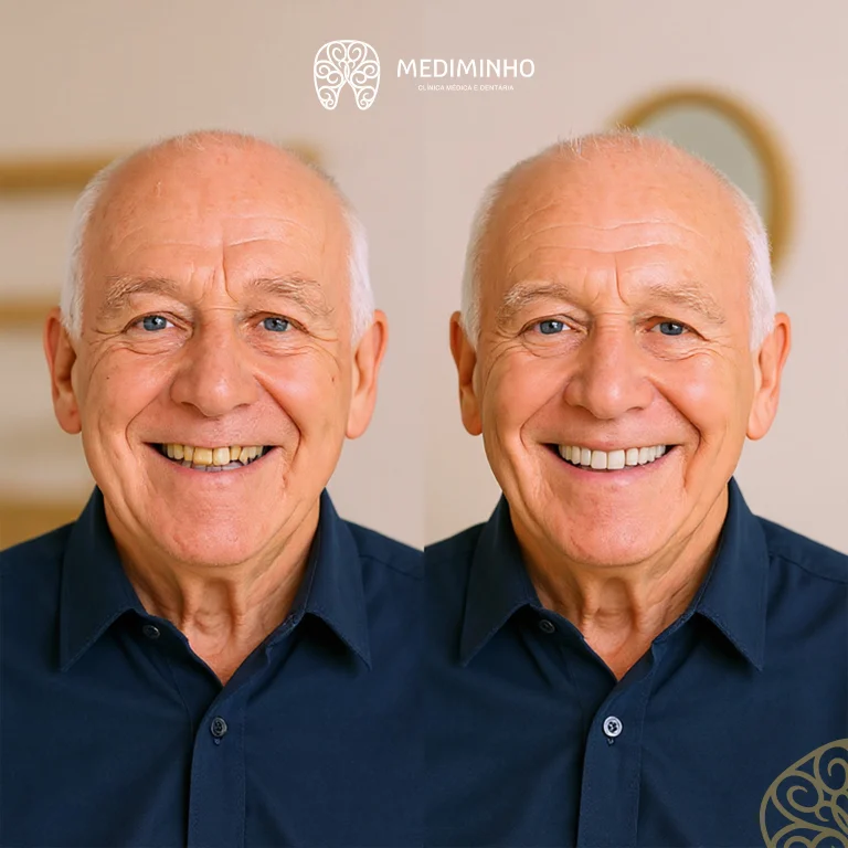 Paciente sénior antes e depois da colocação de dentes fixos com implantes na Clínica Mediminho, em Braga
