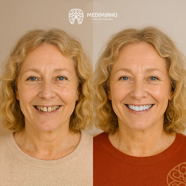Antes e depois de tratamento estético com implantes dentários anteriores na Mediminho, Braga