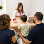 Criança acompanhada pelos pais numa sessão de Terapia da Fala na Mediminho, em Braga, com orientação da terapeuta Ana Sofia Carvalho.